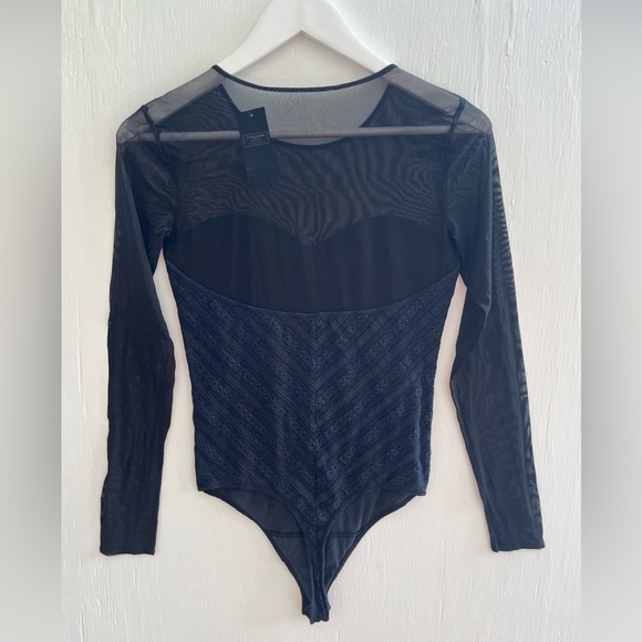 ABERCROMBIE & FITCH Navy Blue Lace & Black Sheer One Piece Bodysuit Size M NWT - Picture 6 of 7
